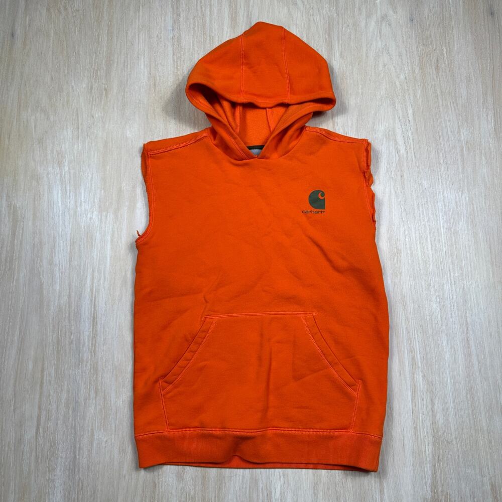 Carhartt Bold Orange Hoodie Pullover Sleeveless Sweater Kids Large CUT SLEEVES